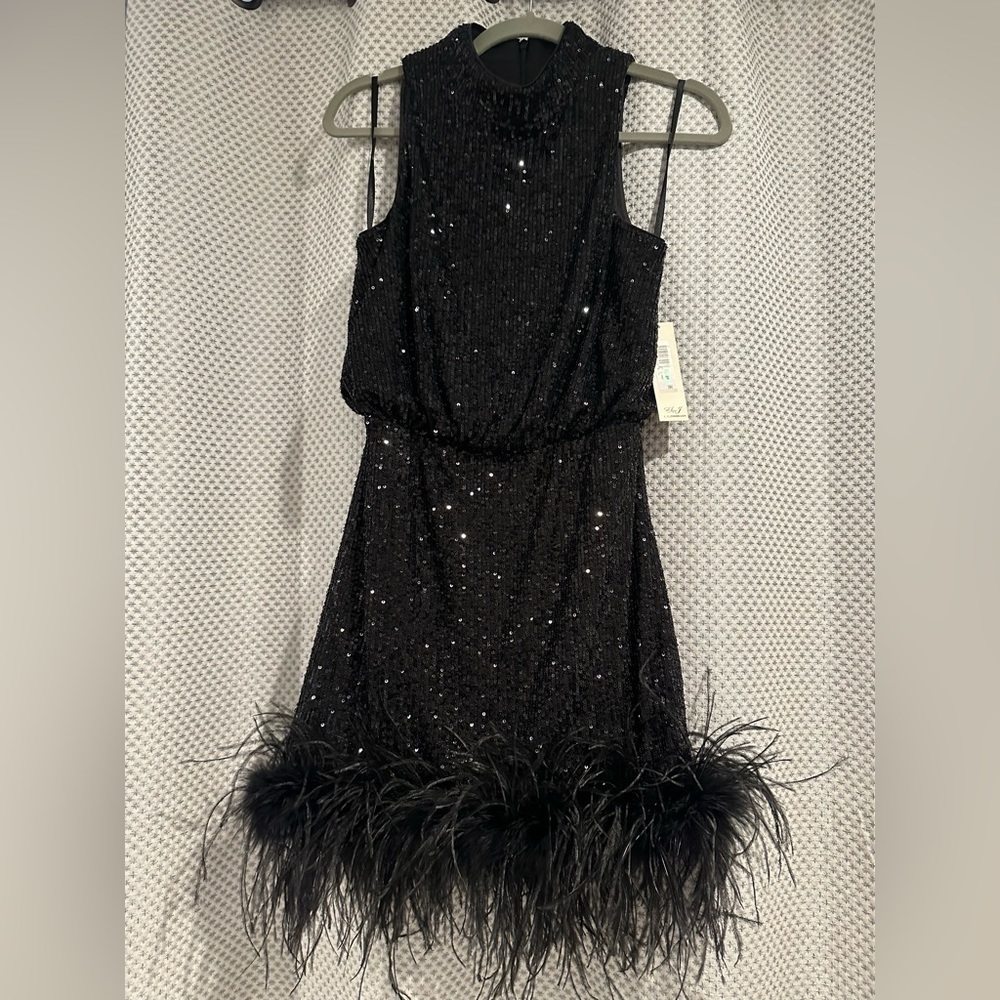 Eliza J Mock Neck Feather Hem Blouson Waist Sequin Sleeveless dress black 8P NWT - Picture 8 of 13